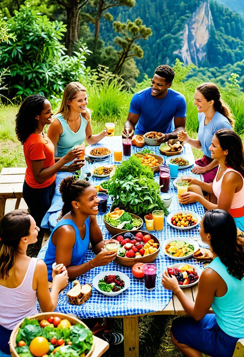 A vibrant scene depicting diverse individuals enjoying healthy meals outdoors, surrounded by lush greenery and mountains in the background. Include elements of adventure, like hiking gear and bicycles, to symbolize exploration and active living. The atmosphere should exude joy, wellness, and community. Use bright, vivacious colors to evoke a sense of happiness and vitality. super-realistic. vibrant colors. outdoor setting.
