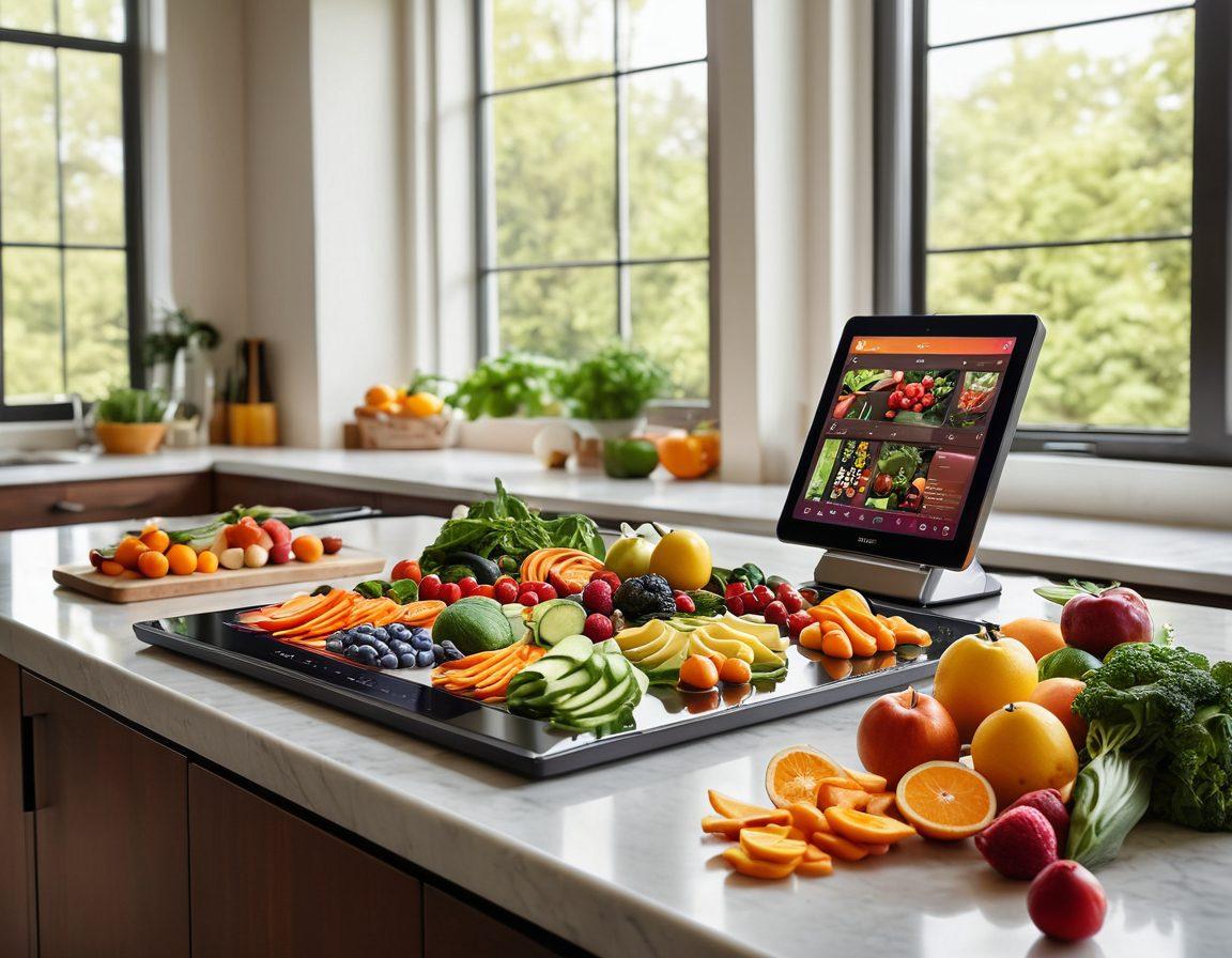 A modern kitchen showcasing advanced kitchen gadgets and fresh ingredients artfully arranged, with a warm and inviting atmosphere. Include a sleek tablet displaying healthy recipes and a person joyfully cooking while surrounded by bright fruits and vegetables. The background features soft natural light shining through large windows, promoting a sense of well-being. super-realistic. vibrant colors. warm tones.