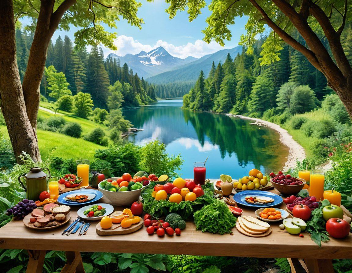 A vibrant collage showcasing a healthy lifestyle: a scenic outdoor table set for a gourmet meal surrounded by fresh vegetables and fruits, an adventurous traveler hiking in a lush forest, and a serene meditation spot by a tranquil lake. The mood is uplifting and energetic, emphasizing wellness and adventure. super-realistic. vibrant colors. 3D.